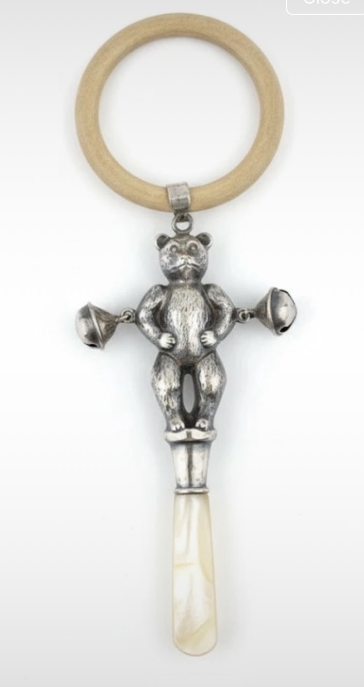 Lot 181: Antique 1923 Sterling Silver & Mother-of-Pearl Teddy Bear Baby Rattle Teether – Crisford & Norris (Birmingham)