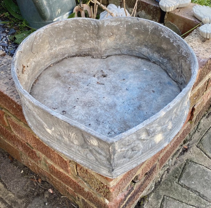 Lot 007: Antique Heart Lead Planter | Heavy Solid Lead Trough | Cherub & Dog Frieze