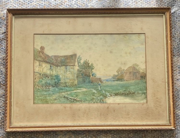 Lot 048: Antique T.E. Francis Watercolor Painting – Rural Cottage Scene – Framed (74x55cm)