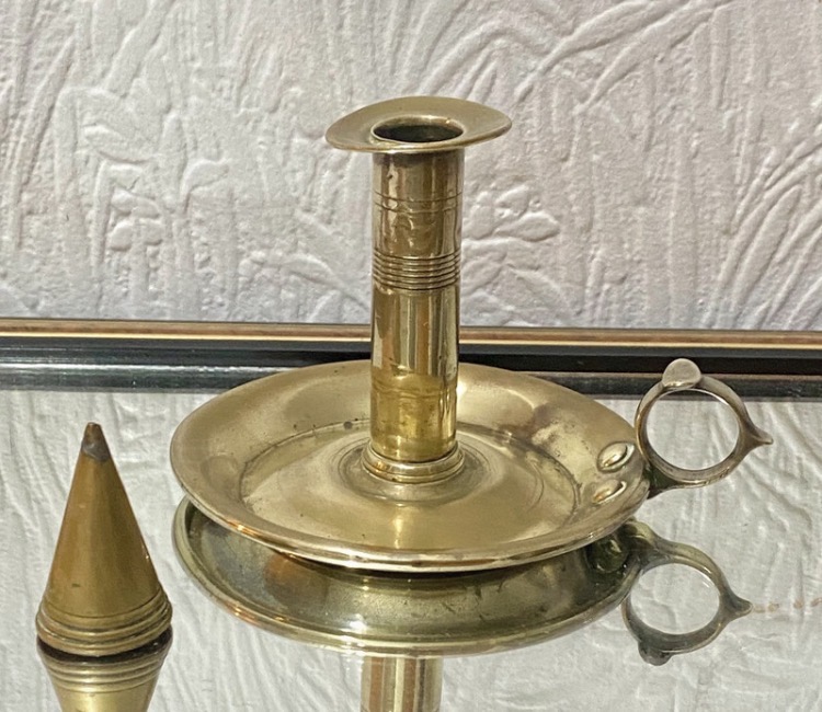 Lot 080: Antique Victorian Brass Chamberstick with Matching Snuffer | Wee Willie Winkie