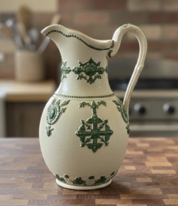 Lot 095: Antique Victorian Gothic Revival Jug - Ridgway 1861 - Green Relief Stoneware