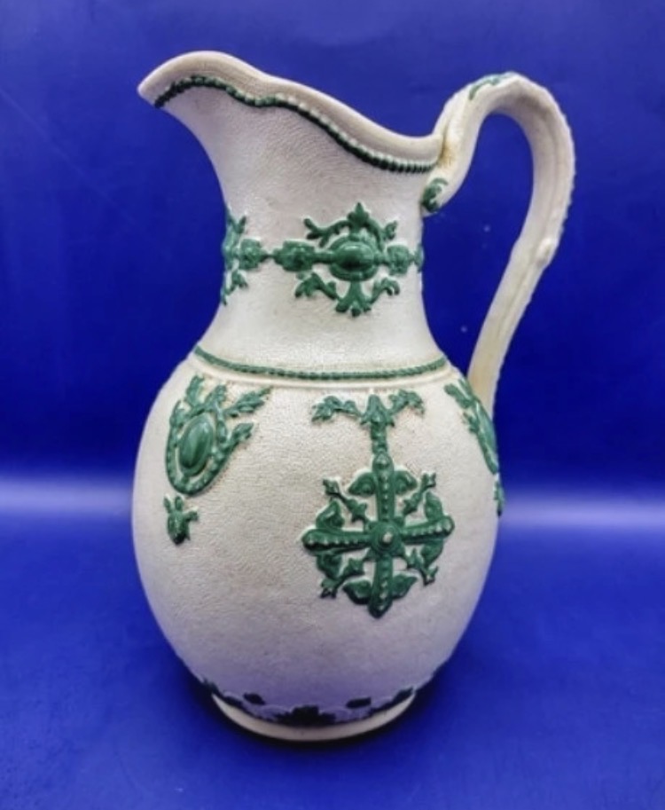 antique-victorian-gothic-revival-jug-ridgway-1861-green-relief-stoneware-095-2