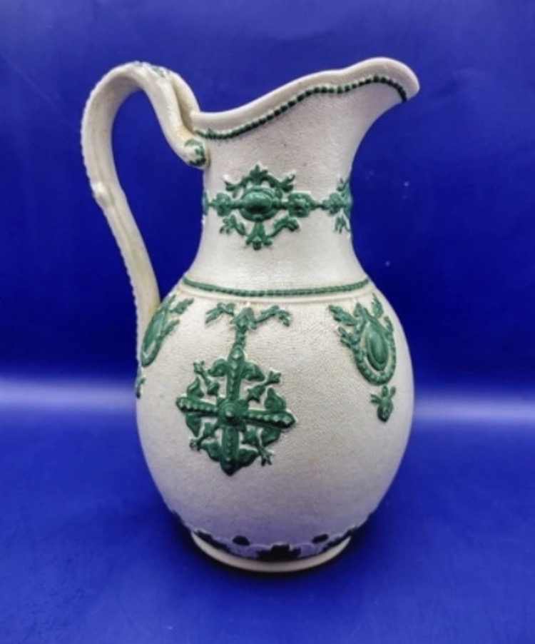 antique-victorian-gothic-revival-jug-ridgway-1861-green-relief-stoneware-095-3