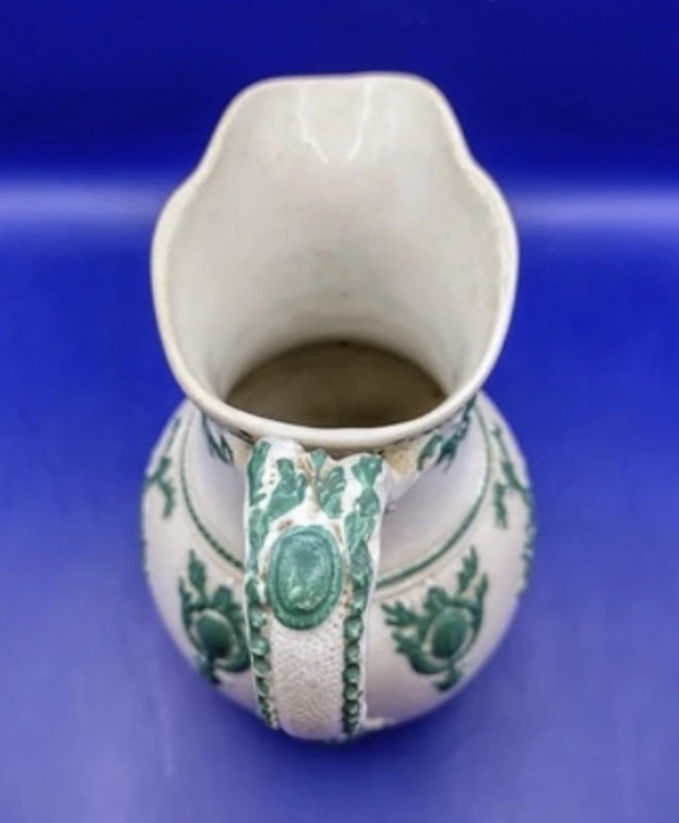 antique-victorian-gothic-revival-jug-ridgway-1861-green-relief-stoneware-095-5