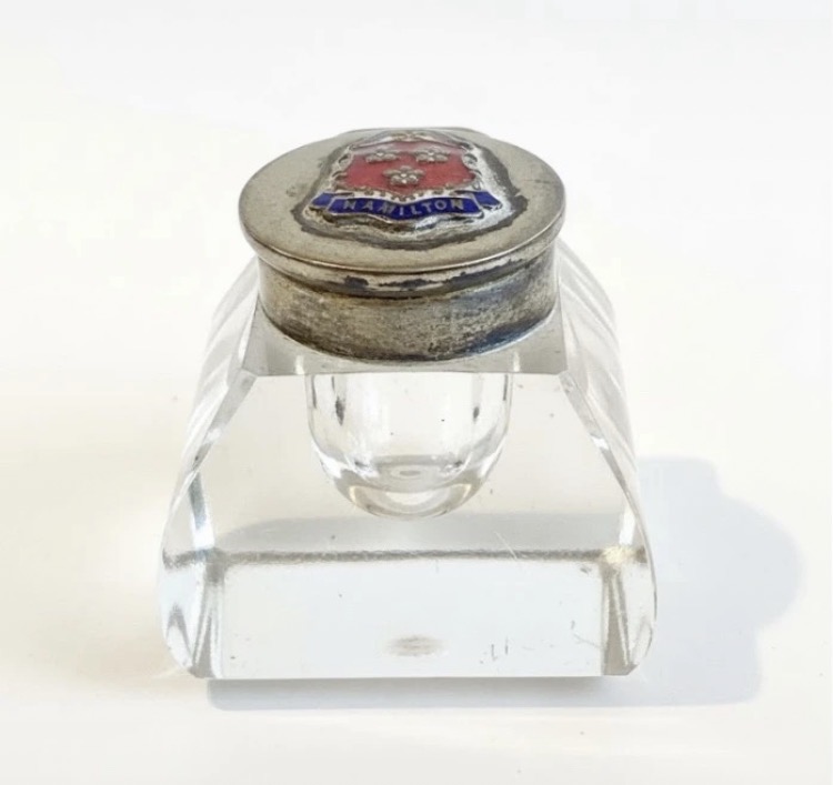 Lot 187: Antique Victorian Silver Plate & Glass Inkwell – Hamilton Clan Crest
