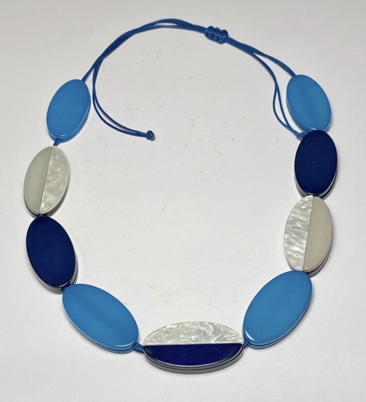 Lot 162: Blue Marbled Resin Statement Necklace - Adjustable Cord Boho Lagenlook