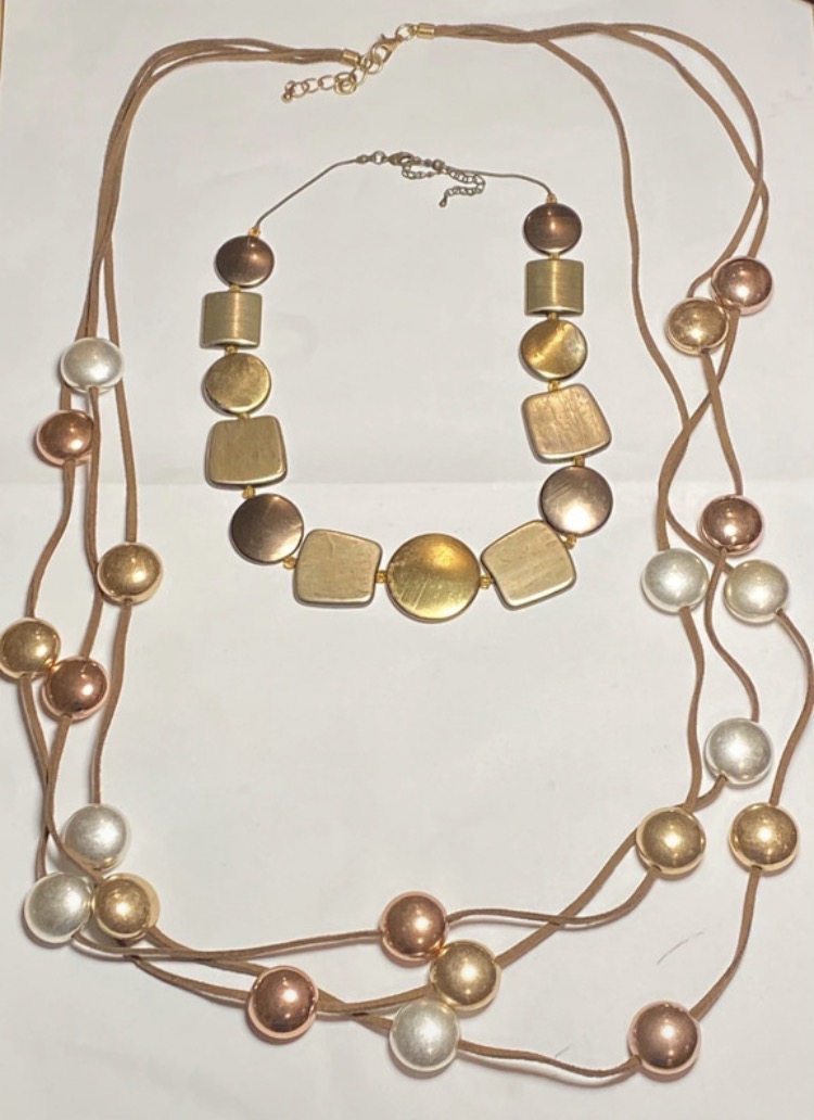 Lot 163: Bundle: Geometric Statement Necklace & Long Mixed Metal Cord Necklace (Lightweight)