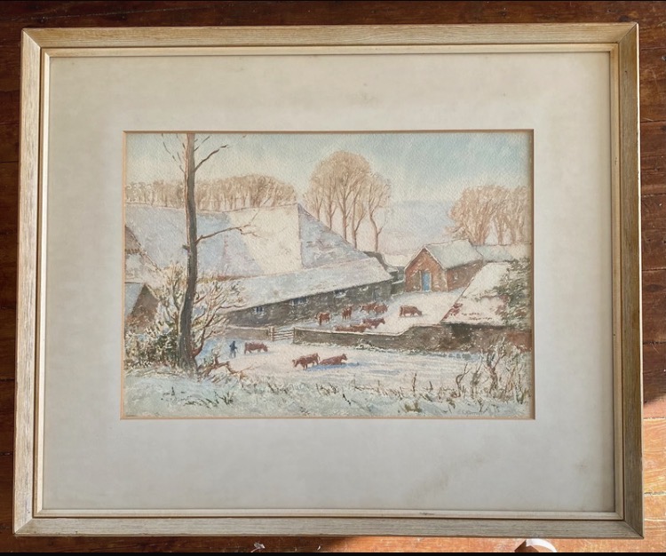 Lot 058: Henry Samuel Merritt Signed Original Watercolor - Winter Farm Scene