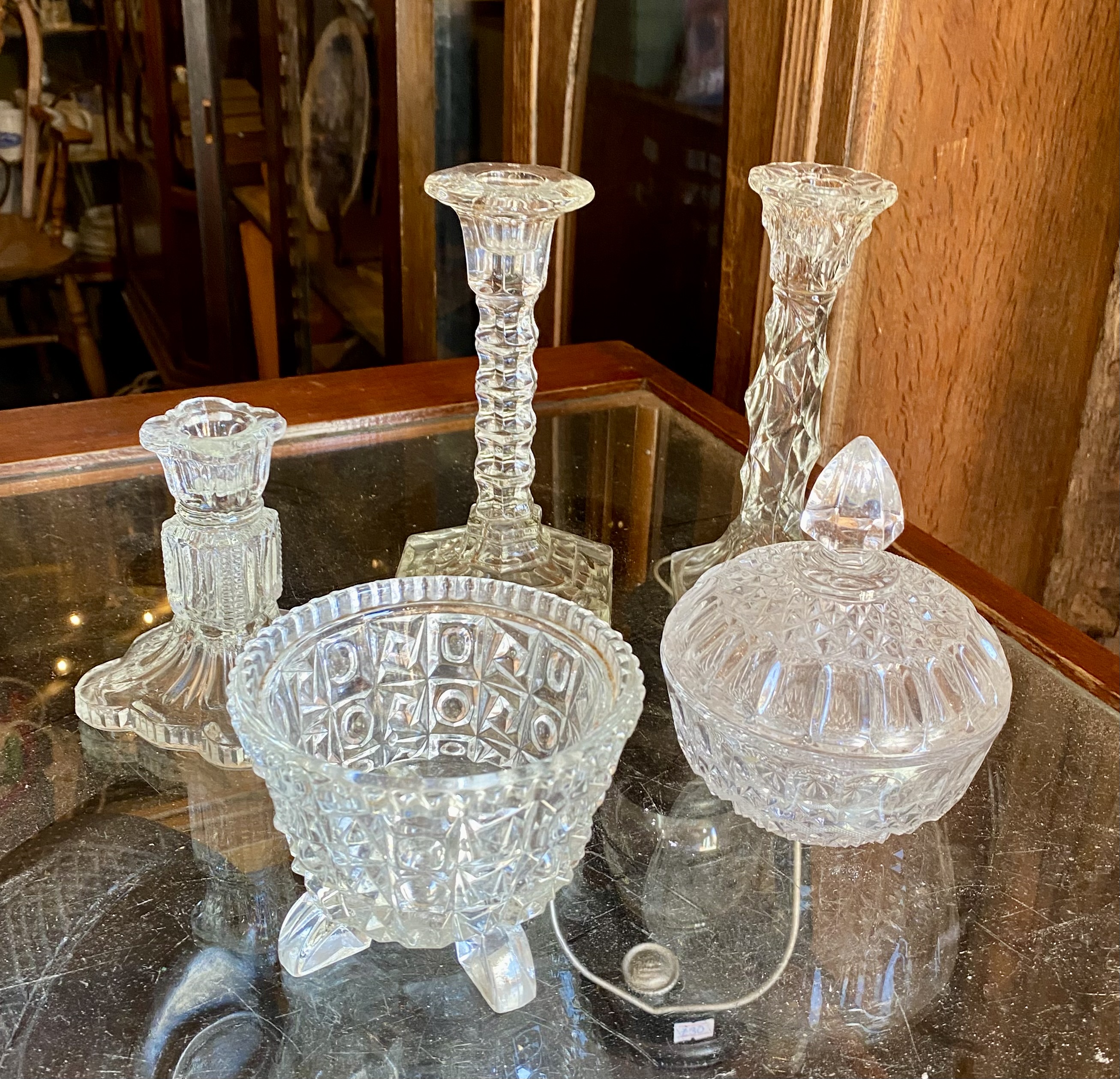 Lot 211: Job Lot of 5 Vintage Clear Pressed Glass Items - Candlesticks, Hobnail Bowl & Lidded Pot