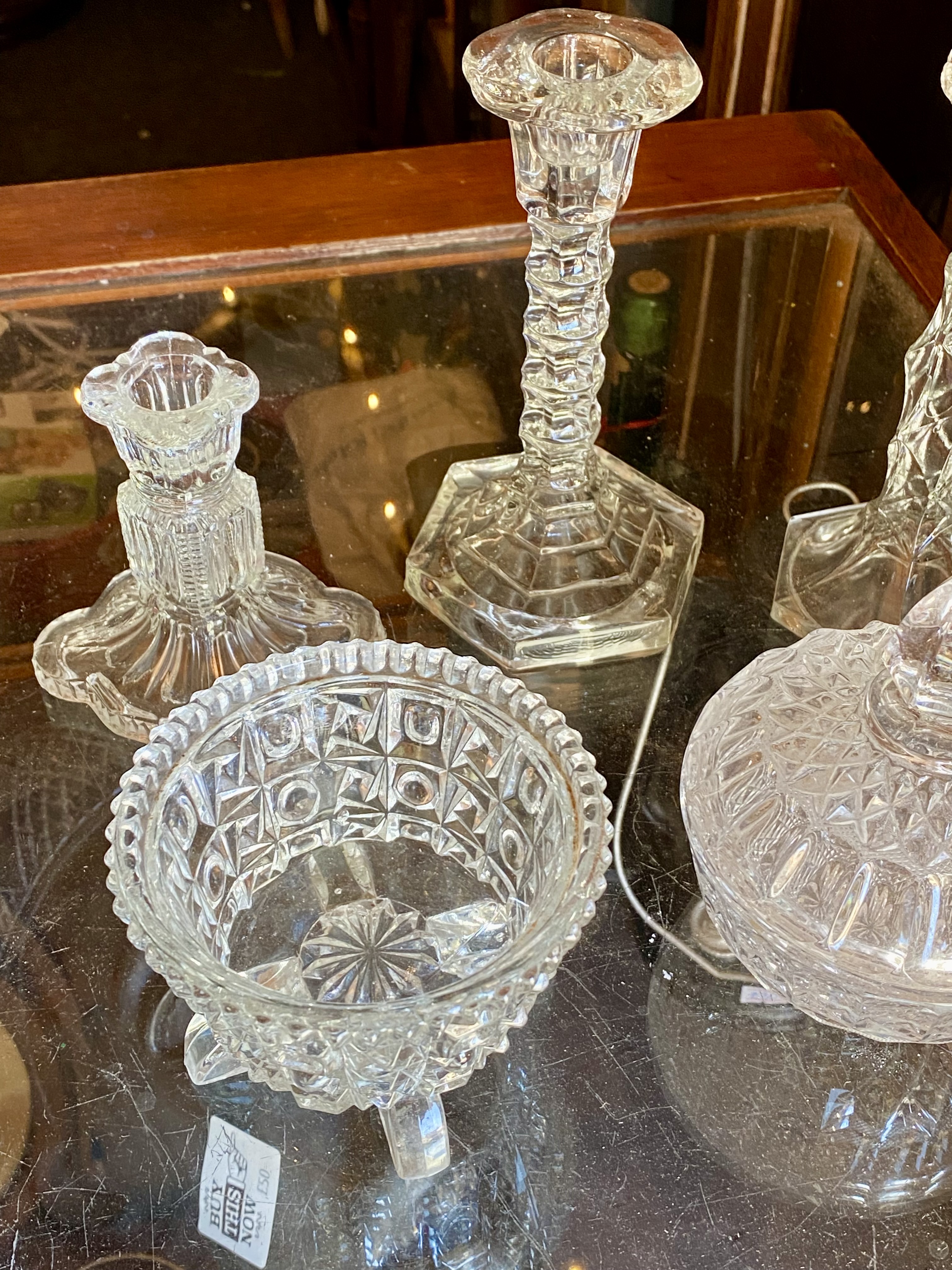 job-lot-of-5-vintage-clear-pressed-glass-items-candlesticks-hobnail-bowl-lidded-pot-211-3