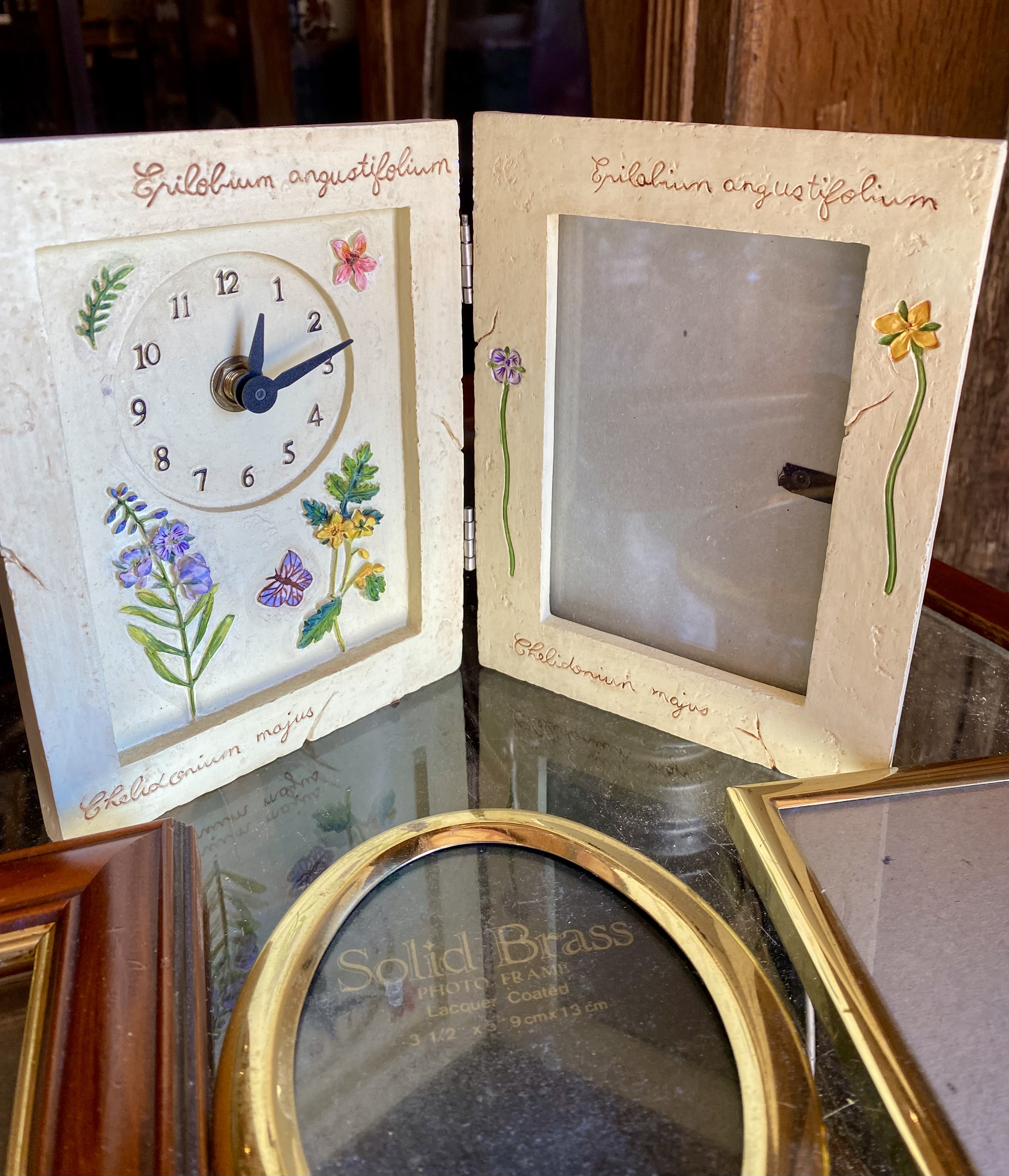 job-lot-of-6-vintage-photo-frames-solid-brass-botanical-clock-diptych-wood-1980s-y2k-217-3