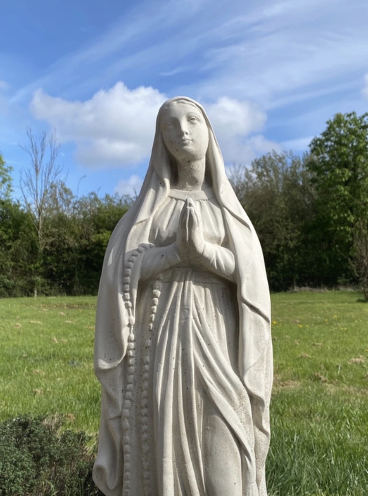 Lot 006: Large 77cm Solid Cast Stone Virgin Mary Garden Statue | Weathered Patina