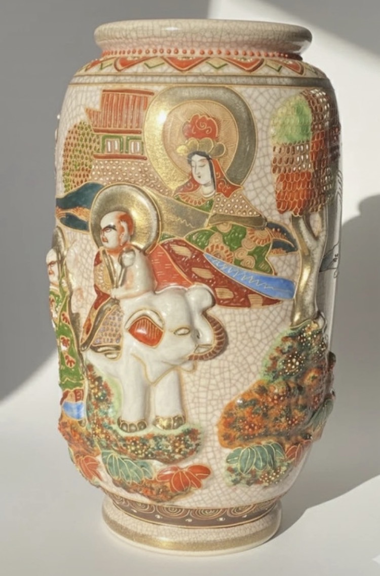Lot 093: Large Antique Japanese Satsuma Moriage Vase - 33cm Immortals & Elephant