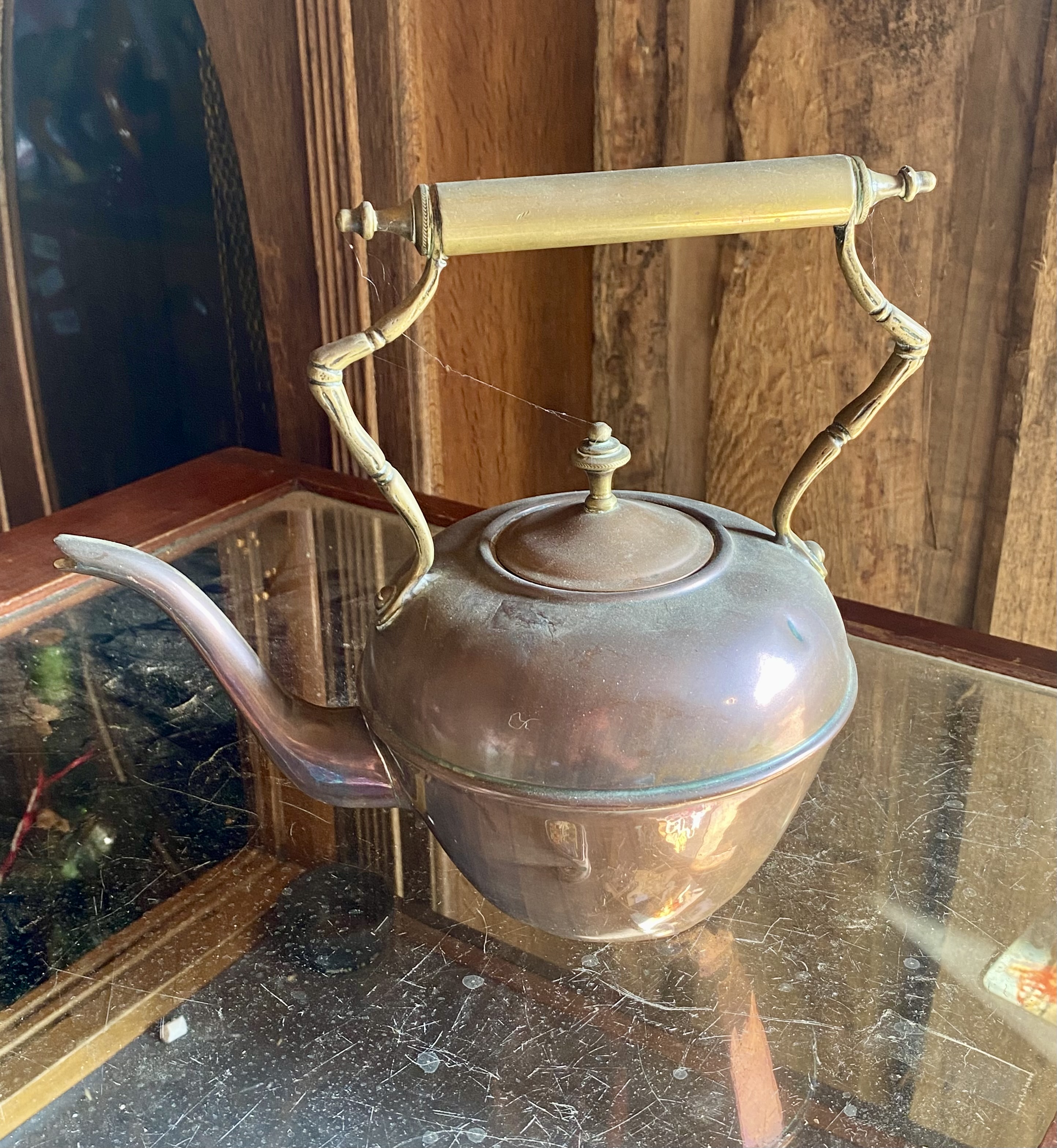 Lot 261: Late Victorian / Edwardian Antique Copper & Brass Tea Kettle - Faux Bamboo Handle (c. 1890–1910)
