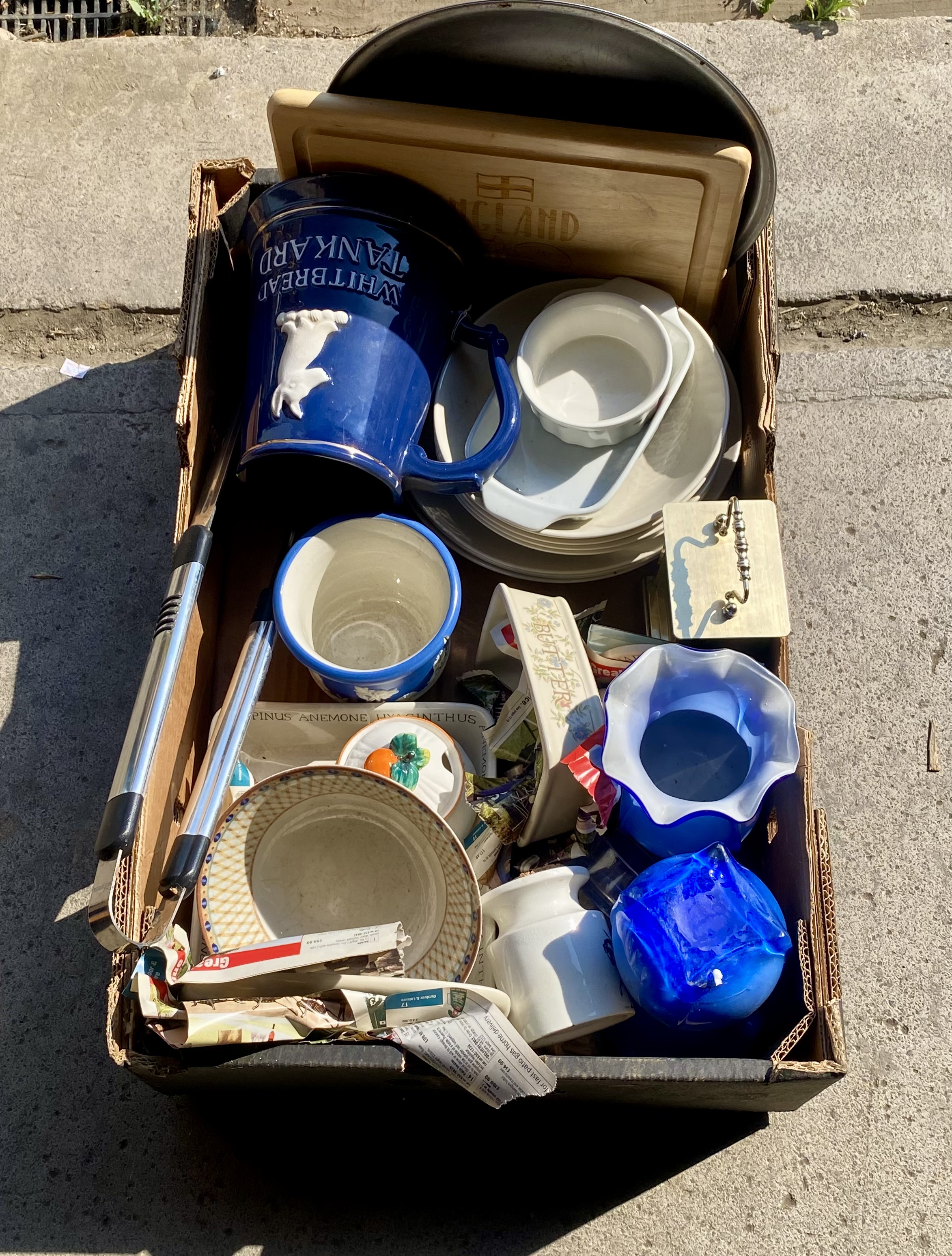 Lot 266: Mixed Job Lot Ceramics & Homeware: Whitbread Tankard, Blue Glassware, Kitchenware (Sold As Found)