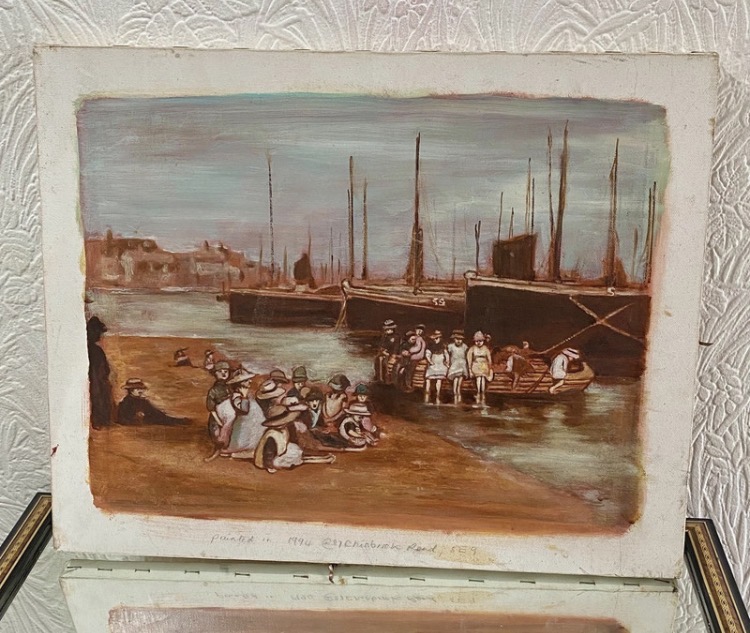 Lot 040: Original 1994 Oil Painting - Edwardian Beach Scene & Sailing Barges (SE9 Artist)