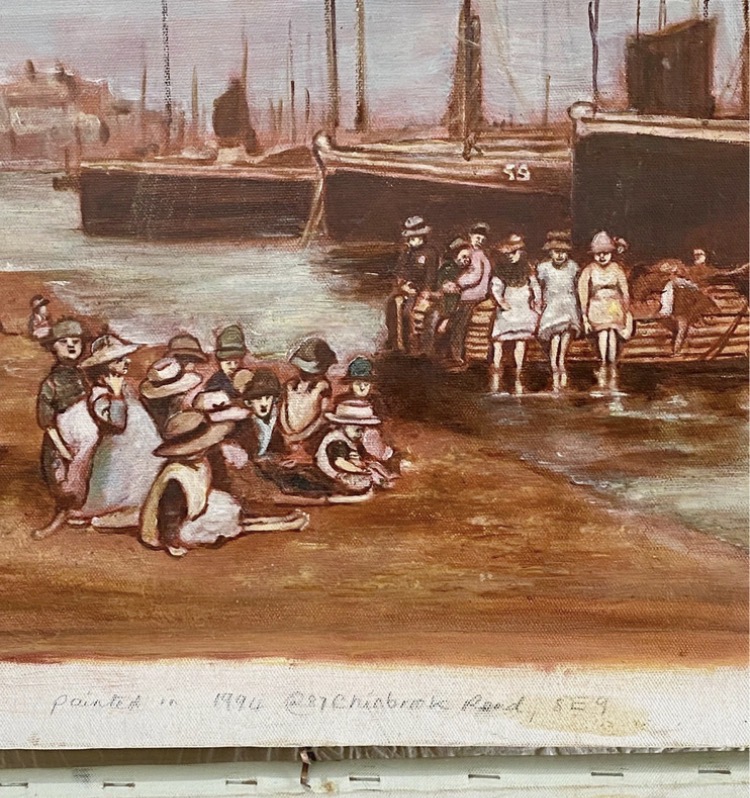 original-1994-oil-painting-edwardian-beach-scene-sailing-barges-se9-artist-040-2