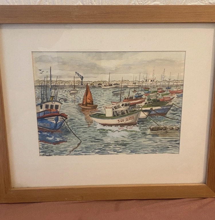 Lot 197: Original Signed Maritime Watercolor Painting 1993 – Framed Harbor Scene