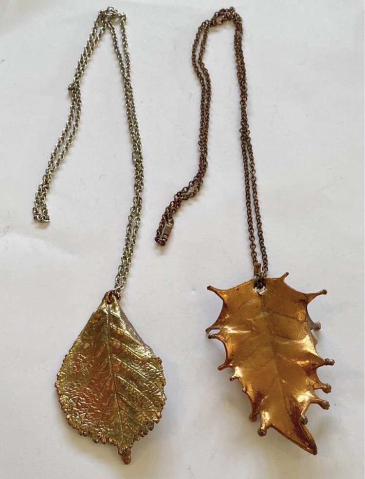 Lot 160: Pair of Large Vintage Electroformed Real Leaf Pendants & Chains – Boho Botanical Necklace
