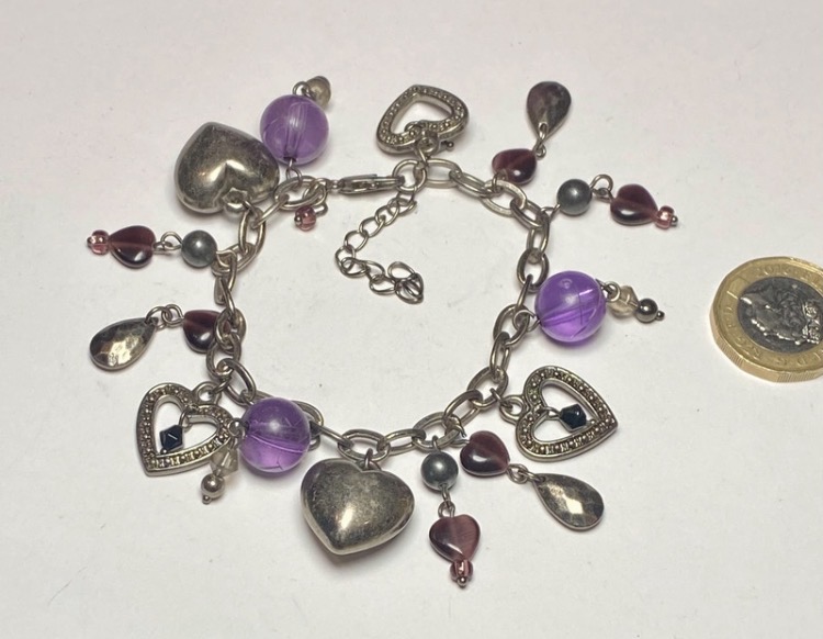 Lot 055: Purple Charm Bracelet Silver Tone - Heart Dangle & Glass Beads 17cm + 5cm Extender