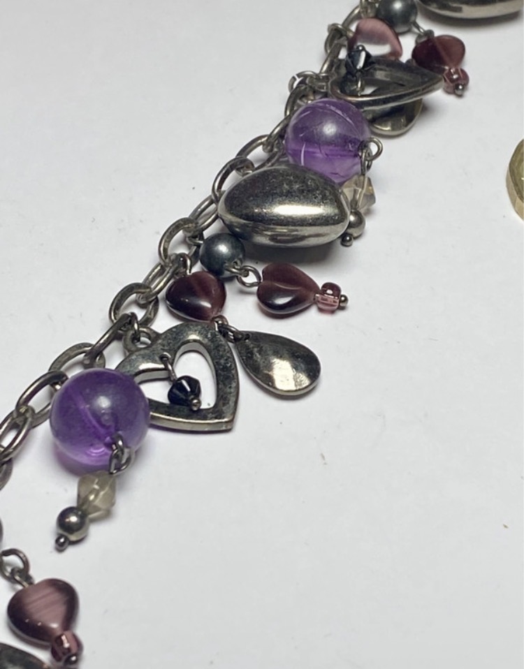 purple-charm-bracelet-silver-tone-heart-dangle-glass-beads-17cm-5cm-extender-055-2