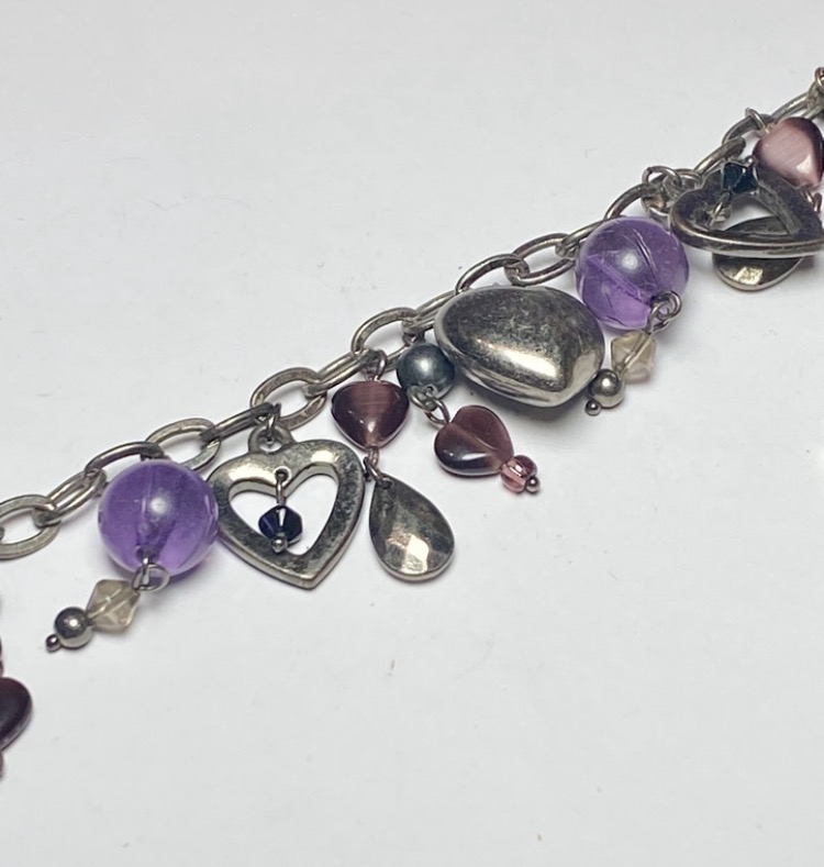 purple-charm-bracelet-silver-tone-heart-dangle-glass-beads-17cm-5cm-extender-055-3