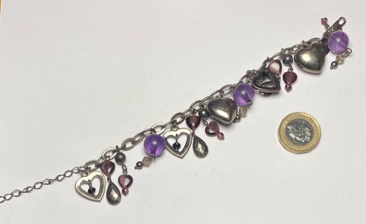 purple-charm-bracelet-silver-tone-heart-dangle-glass-beads-17cm-5cm-extender-055-4