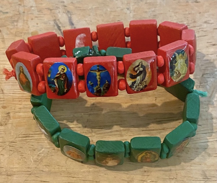 Lot 057: Set of 2 Wooden Catholic Icon Saint Bracelets - Religious Jewellery