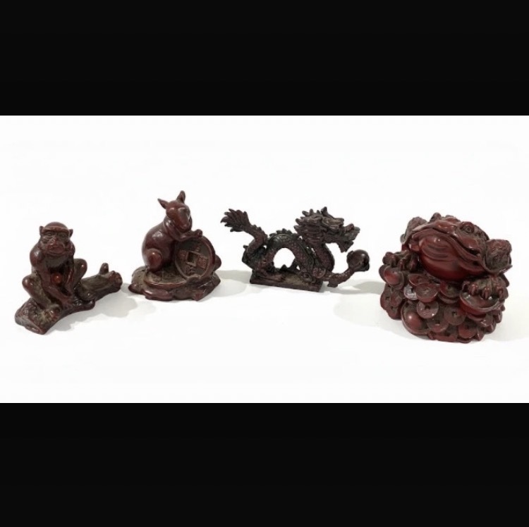 Lot 270: Set of 4 Vintage Chinese Red Resin Figurines - Dragon, Money Toad, Rat & Monkey