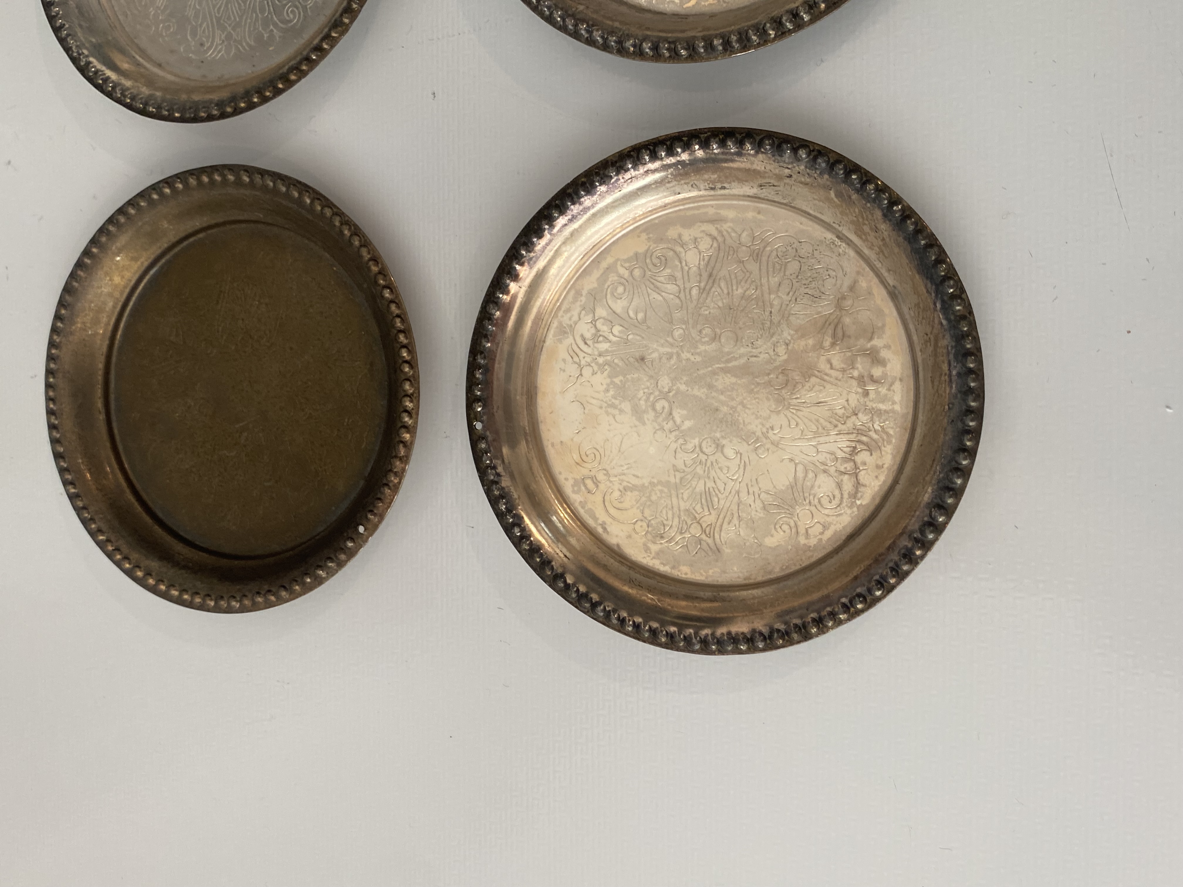 Lot 290: Set of 4 Vintage Silver Plated Drinks / Wine Bottle Coasters - Beaded Rim (10cm)