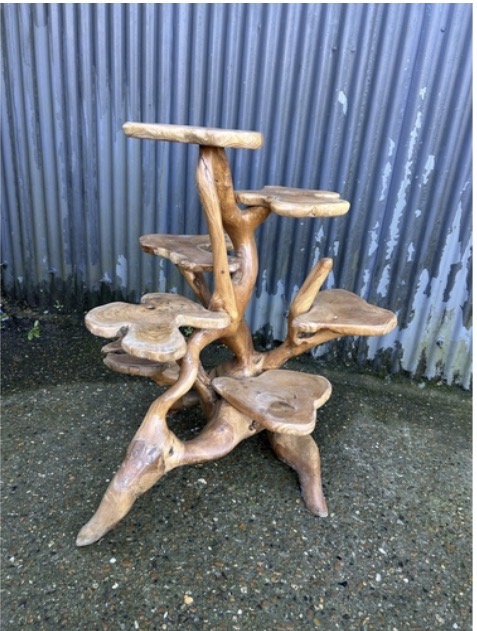 Lot 008: Stunning 110cm Rare Multi-Tier Elm Root Wood Plant Stand - Sculptural Statement Piece