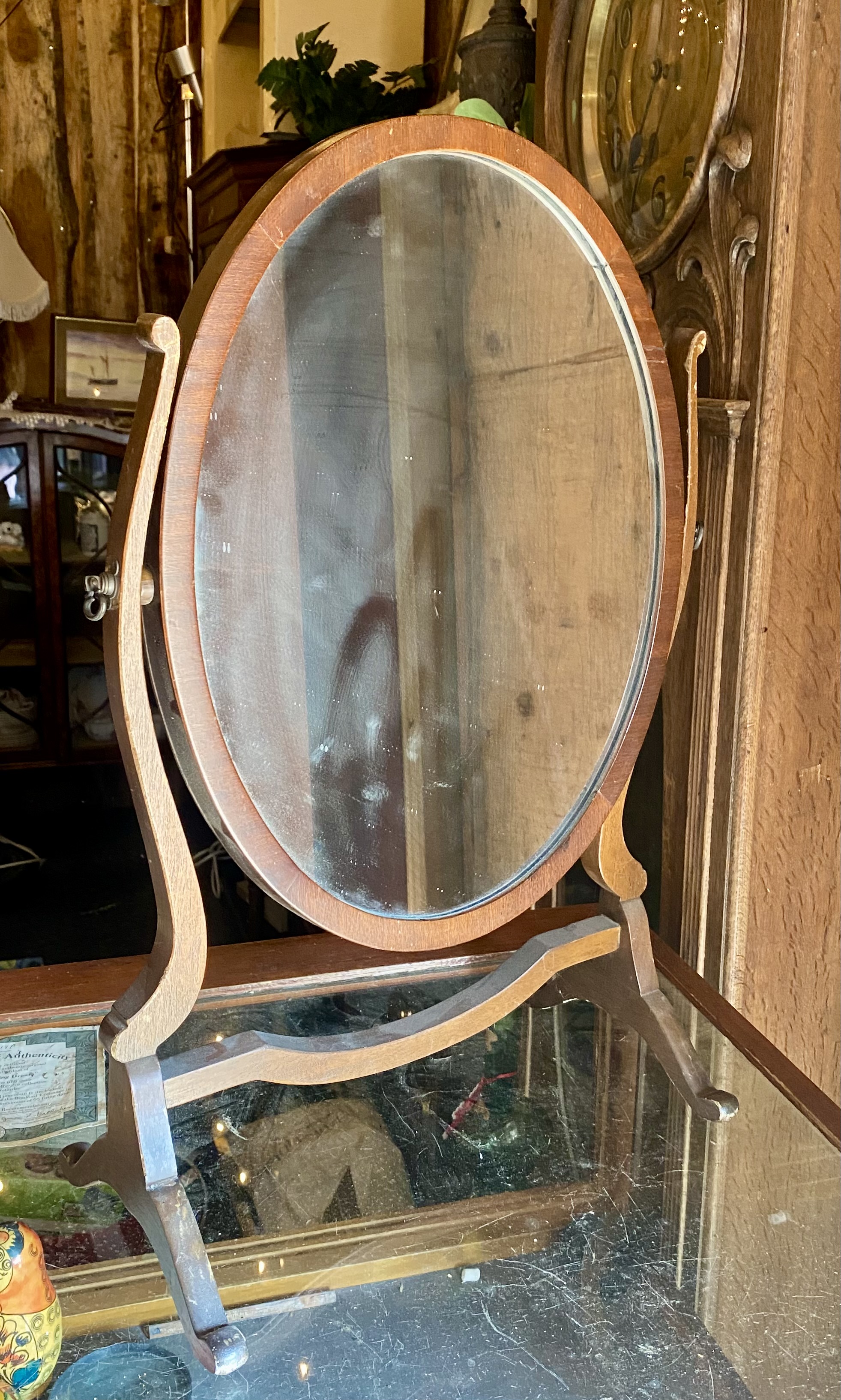 Lot 262: Vintage 1930s Oak Oval Swing Toilet / Dressing Table Mirror - Scrolled Frame