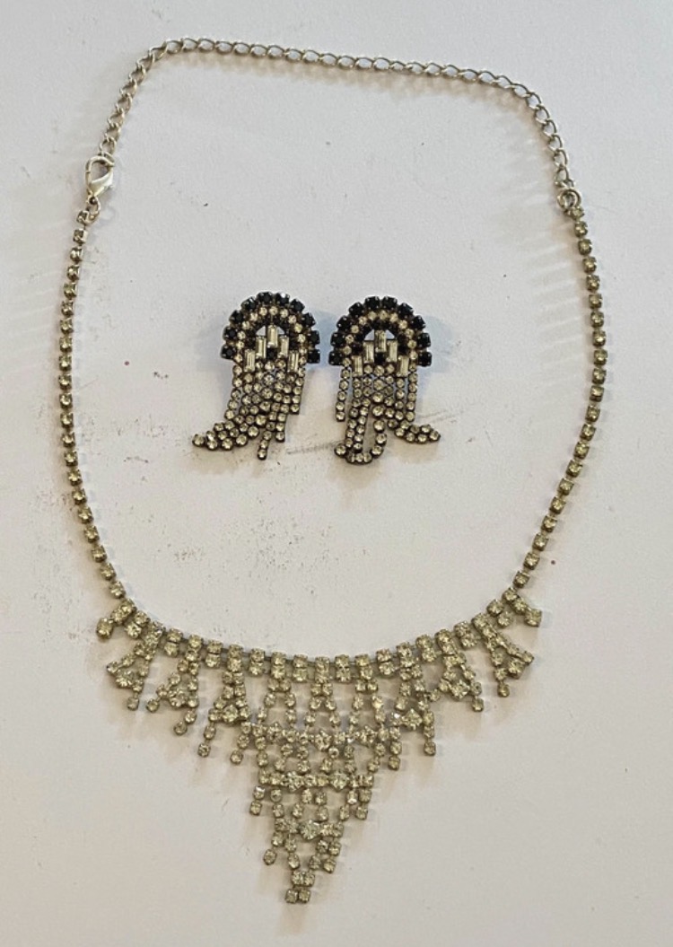 Lot 169: Vintage 1950s Silver Tone & Crystal Rhinestone Waterfall Necklace & Earring Set