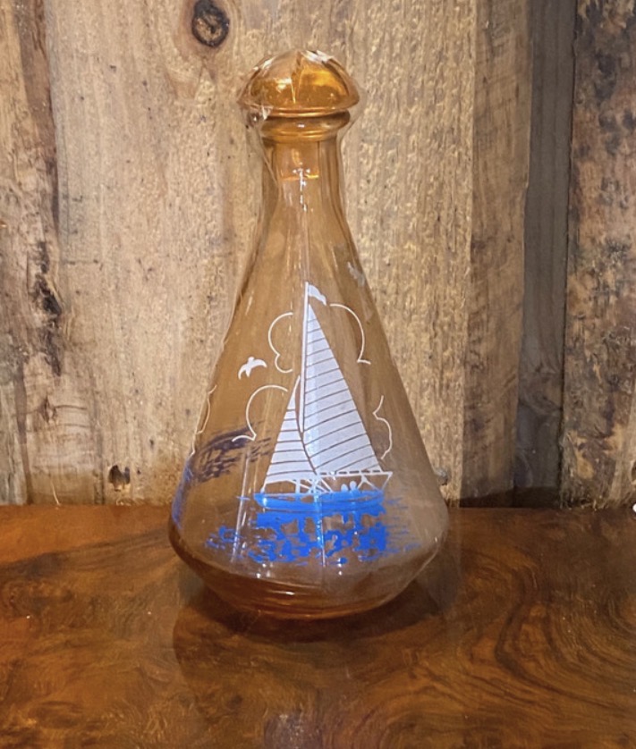 Lot 026: Vintage Amber Glass Sailboat Decanter - Mid-Century MCM Barware
