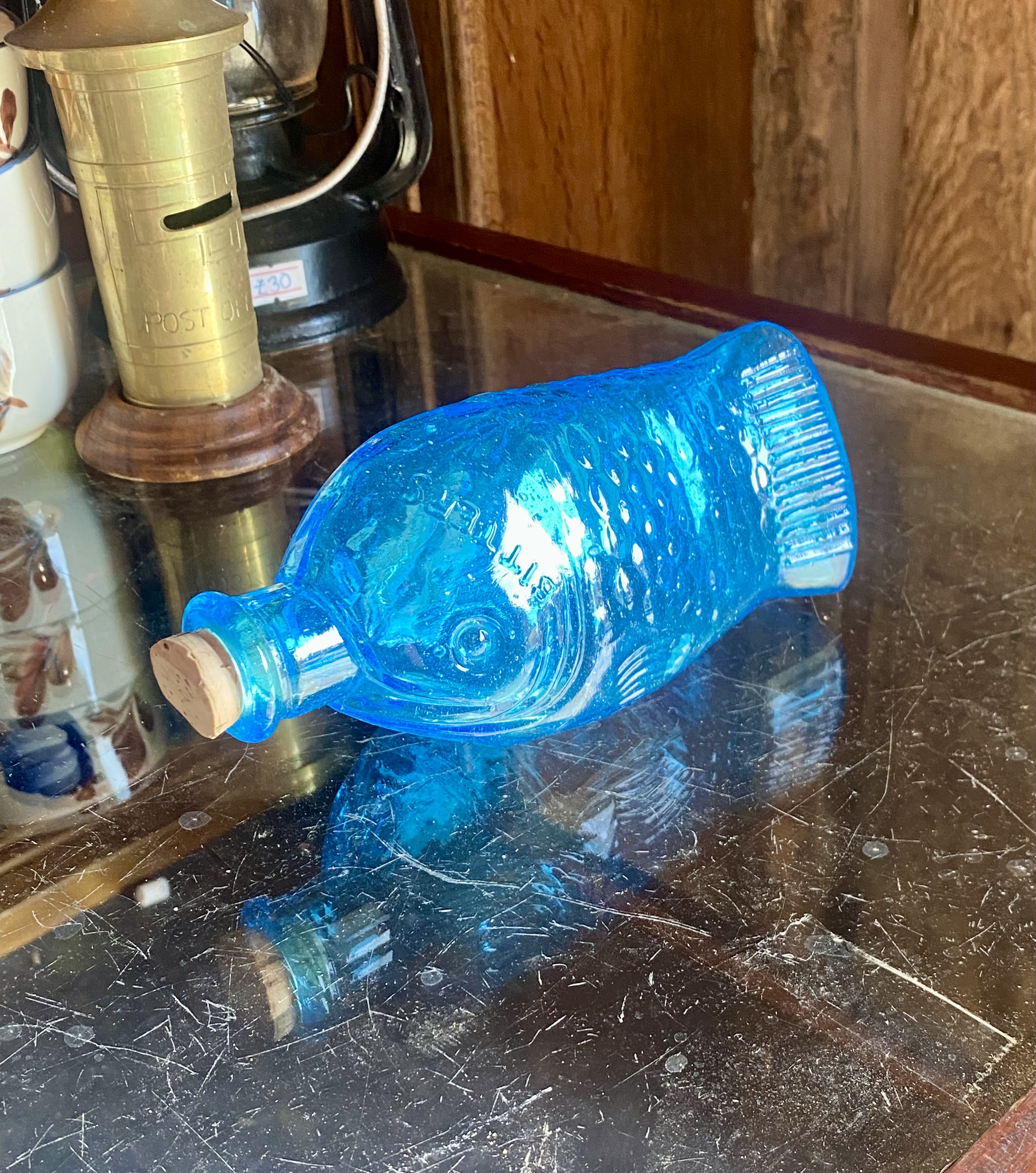 Lot 249: Vintage Aqua Blue Glass Fish Bottle - Dr. Fisch's Bitters Reproduction (c. 1970s)