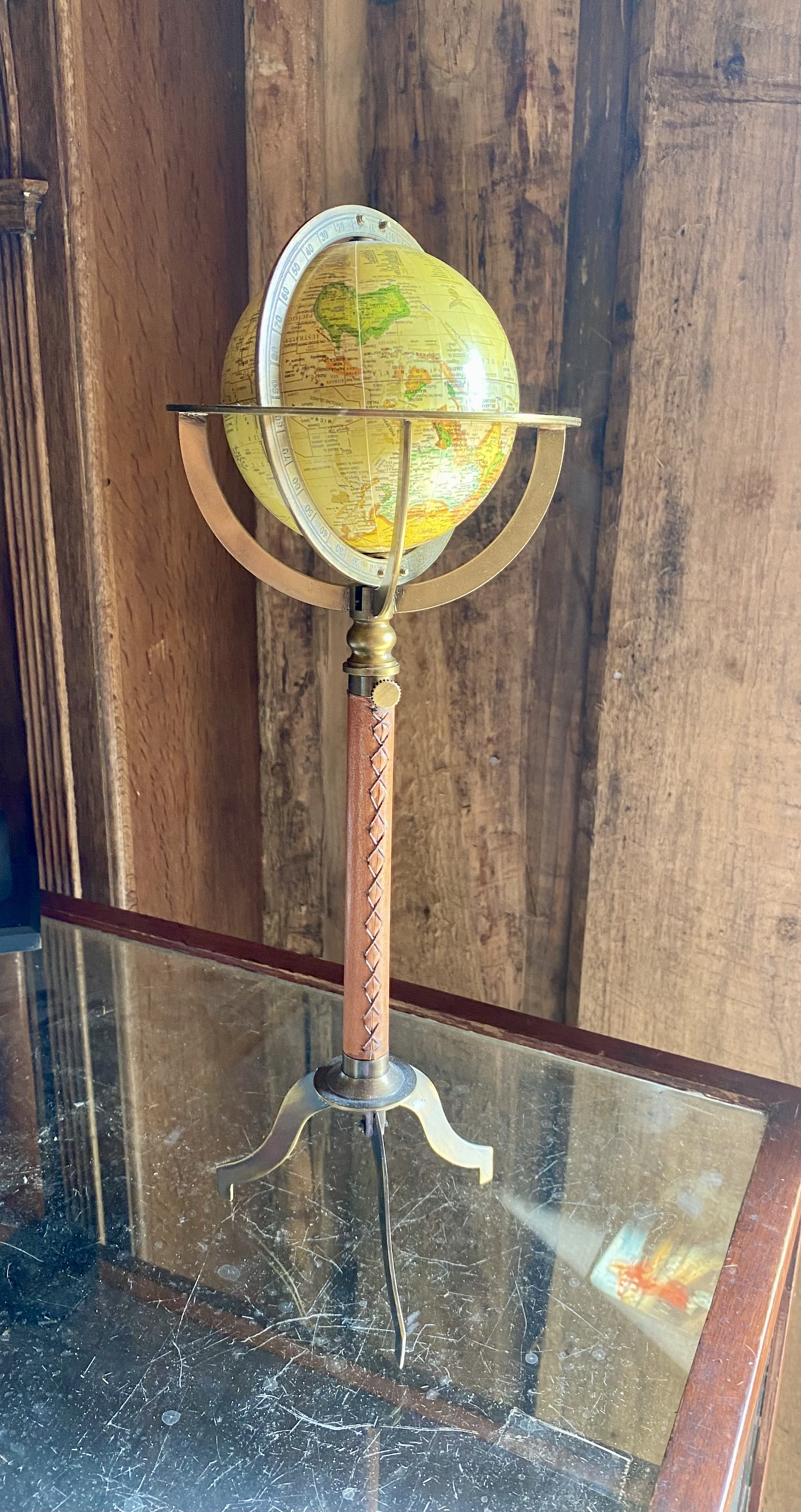 Lot 256: Vintage Brass & Leather Globe Armillary Sphere Table Top Desk Ornament - Paris Style