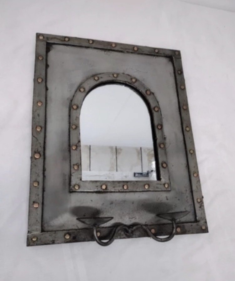 Lot 285: Vintage Brutalist Hand-Forged Metal Wall Mirror with Twin Candle Sconces (16" x 12.5")