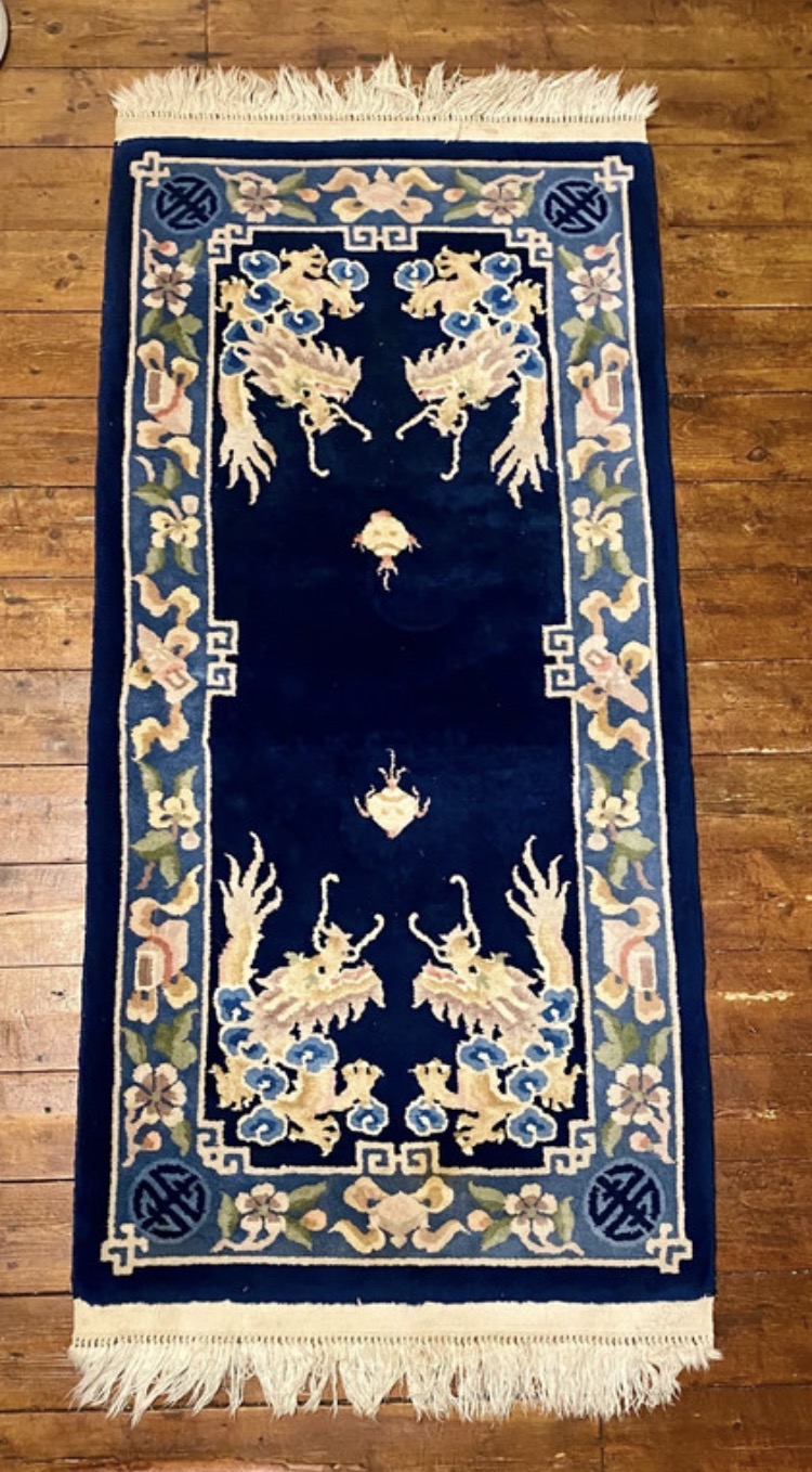 Lot 024: Vintage Chinese Art Deco Dragon Rug - Blue & Gold Hand-Knotted Wool (158x70cm)