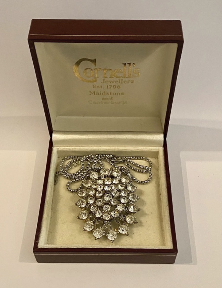 Lot 167: Vintage Crystal Rhinestone Cluster Pendant Necklace in Original G. Cornell & Sons Jewellers Presentation Box