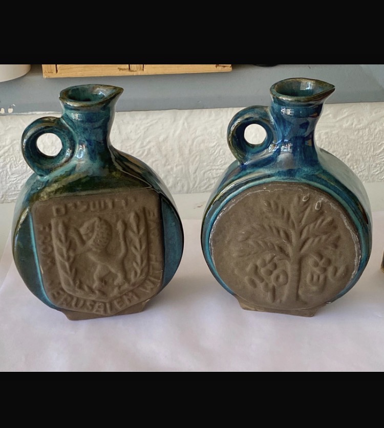 Lot 268: Vintage Israeli Studio Pottery Jugs / Decanters Pair - Jerusalem Lion & Olive Tree