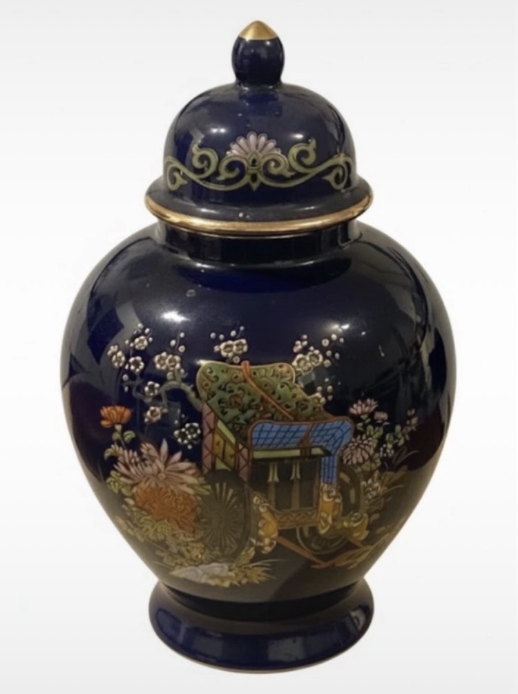Lot 273: Vintage Japanese Cobalt Blue Ginger Jar - Flower Cart Design - 21cm High
