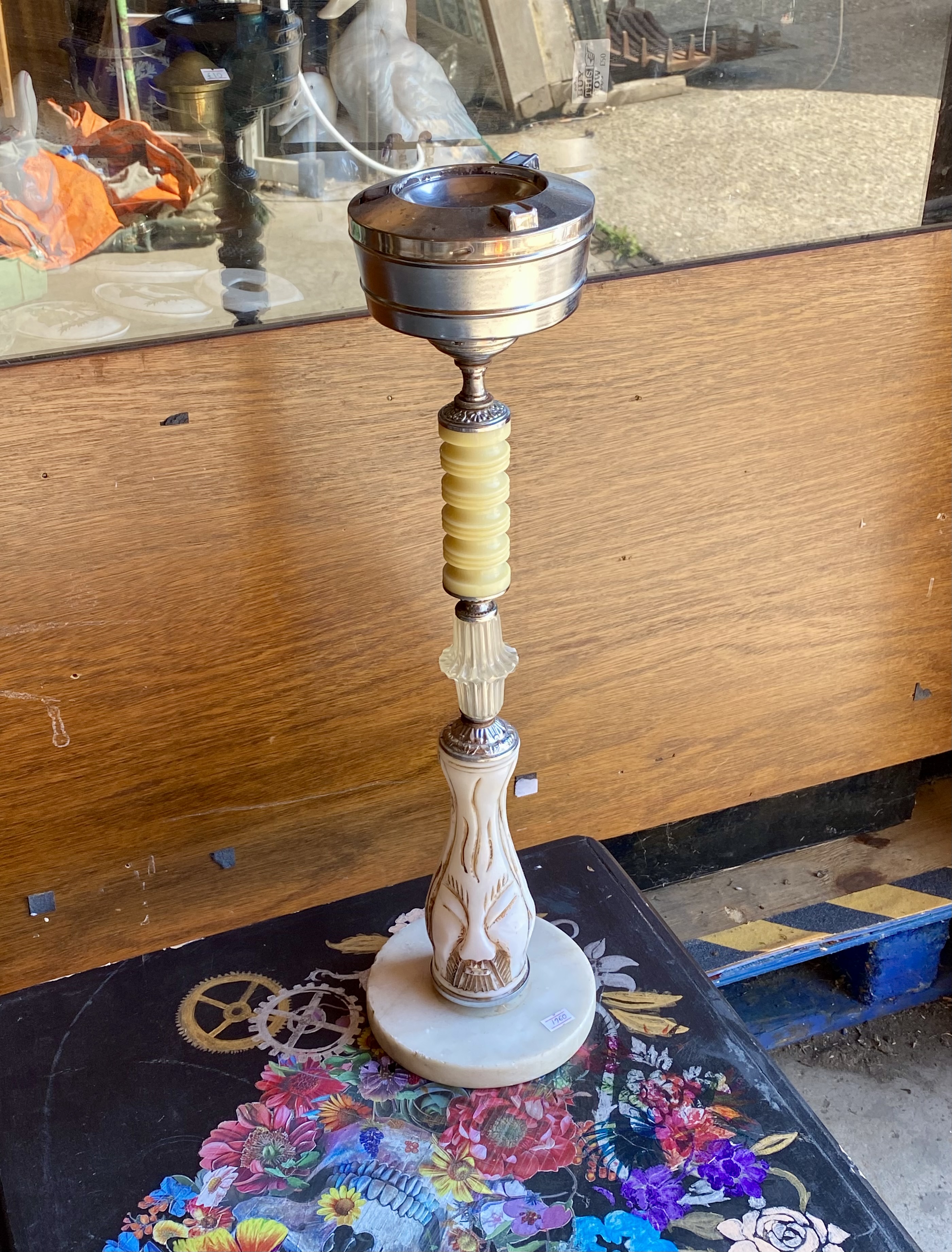 Lot 215: Vintage Mid-Century Alabaster & Chrome Floor Standing Ashtray (58cm)