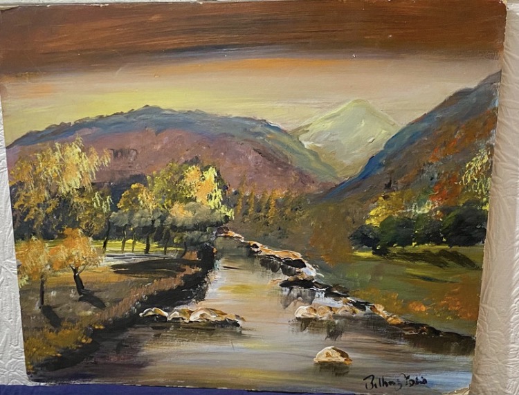 Lot 082: Vintage Mid-Century Mountain Landscape – Original Oil Painting on Daler Board