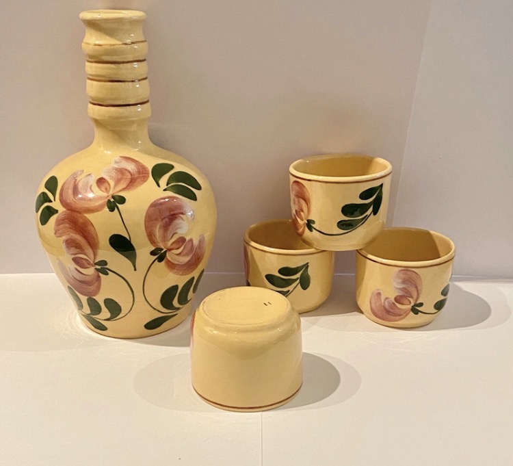 Lot 075: Vintage Mid-Century Studio Pottery Liqueur Set - Yellow Floral - 5 Piece