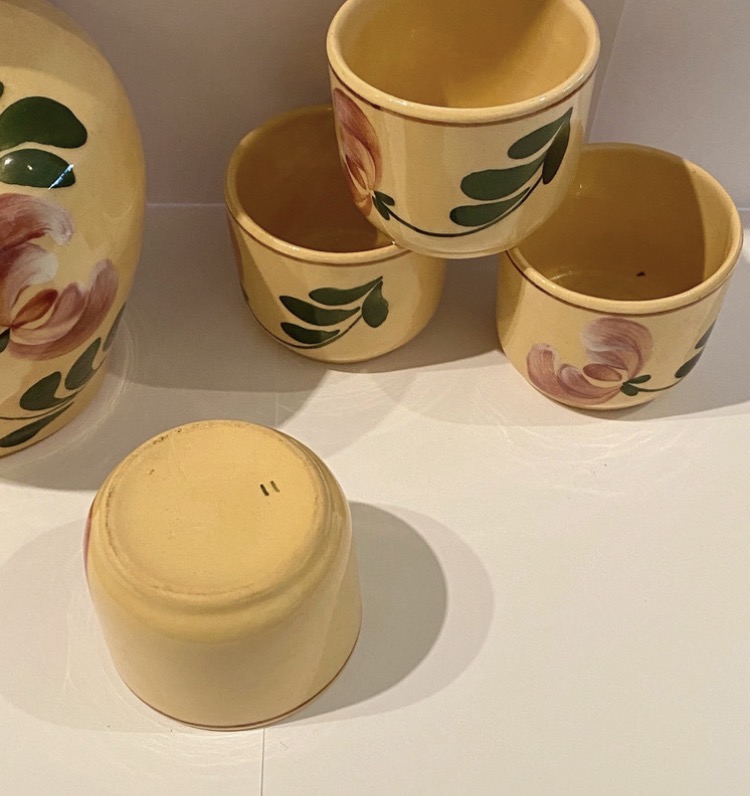 vintage-mid-century-studio-pottery-liqueur-set-yellow-floral-5-piece-075-2