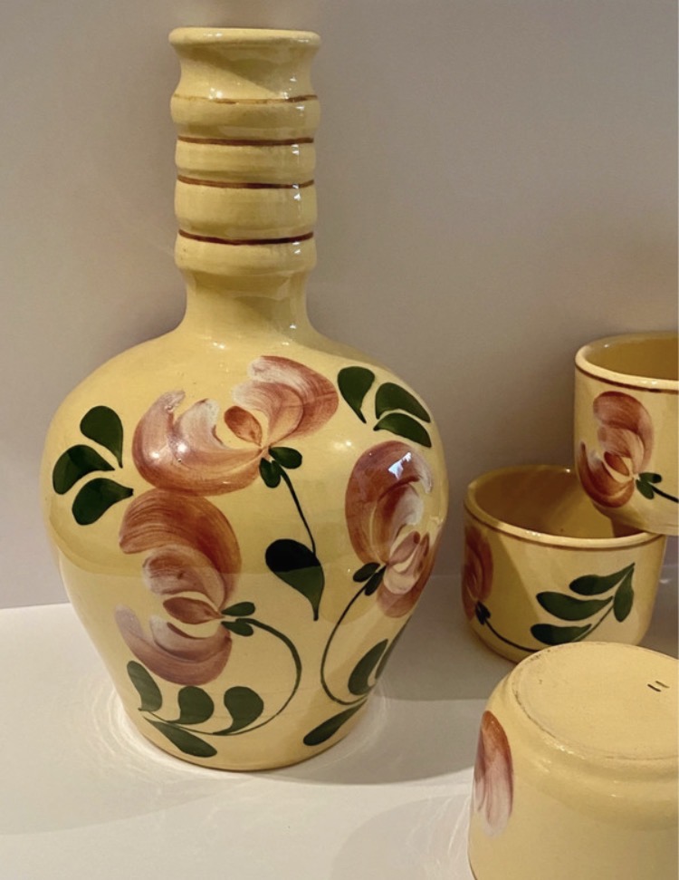 vintage-mid-century-studio-pottery-liqueur-set-yellow-floral-5-piece-075-4