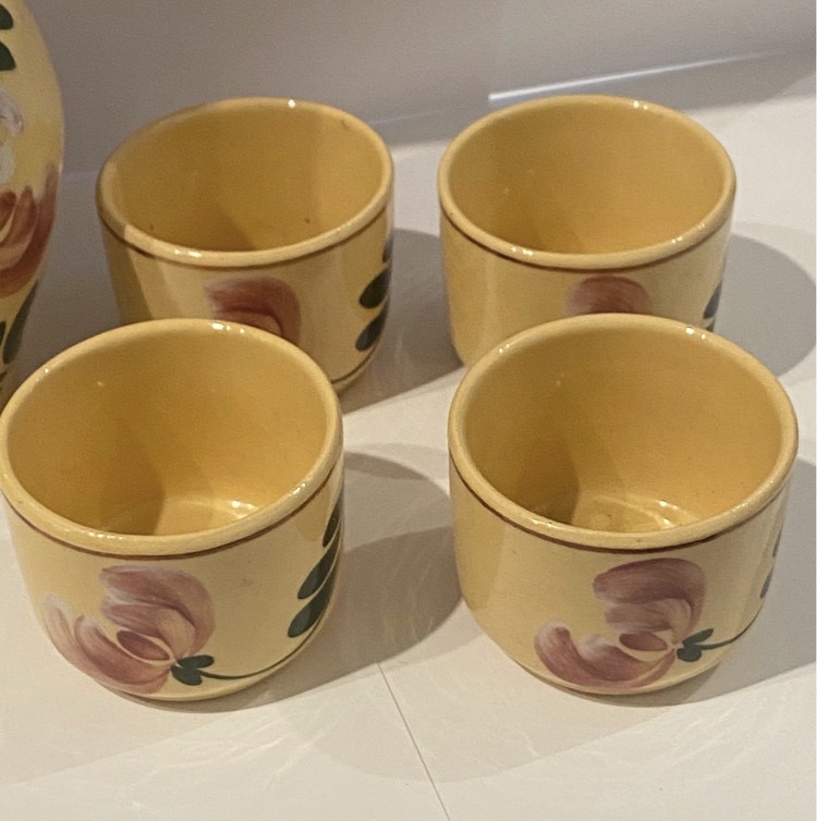 vintage-mid-century-studio-pottery-liqueur-set-yellow-floral-5-piece-075-5