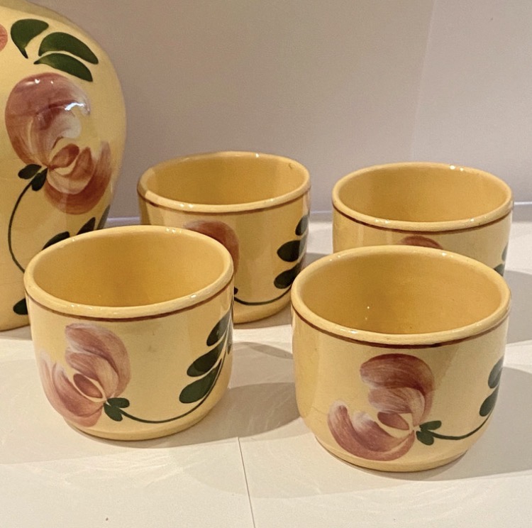 vintage-mid-century-studio-pottery-liqueur-set-yellow-floral-5-piece-075-6