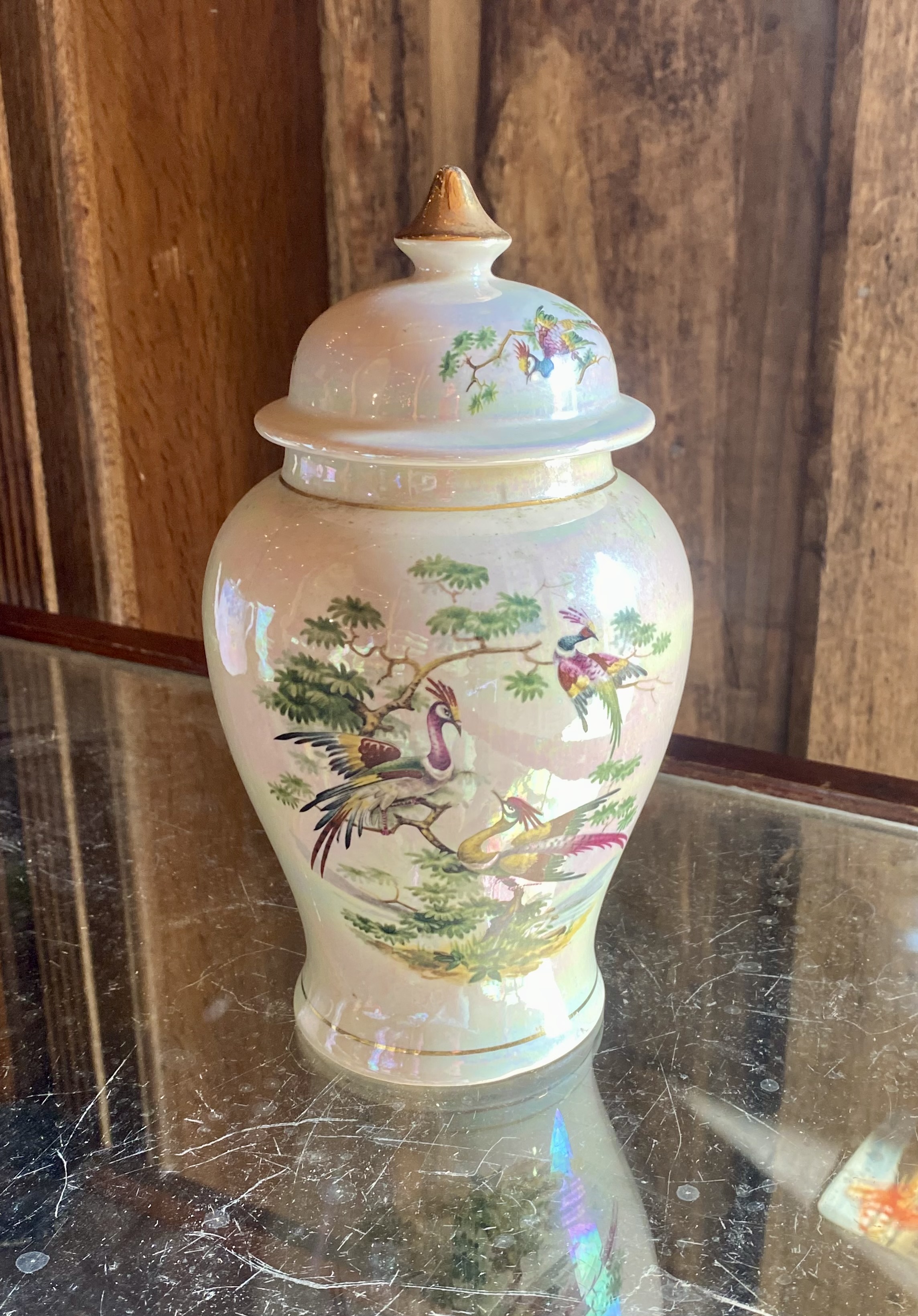 Lot 257: Vintage Sadler Pearlized Lustreware Ginger Jar with Lid - Birds of Paradise (Shape 0406)