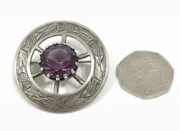 Lot 182: Vintage Scottish Thistle Brooch Amethyst Stone – Celtic Revival Costume